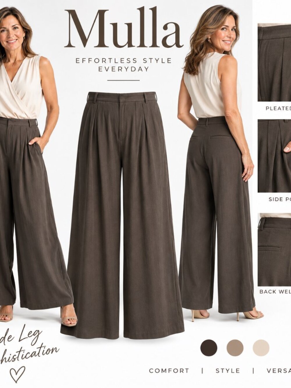 Mulla Pleated Wide Leg High Rise Trouser Pants Brown Minimalist Workwear Ch Sz M